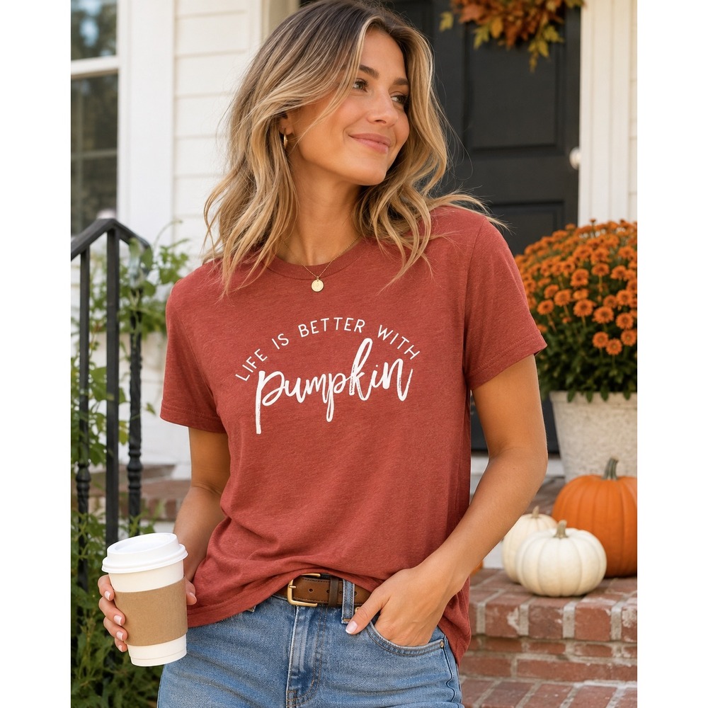 Life Is Better With Pumpkin Graphic T Shirt Rust Orange Fall Small Autumn Tee